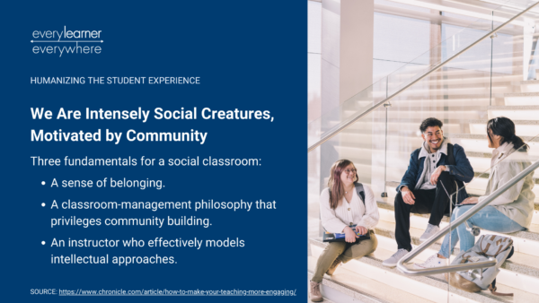 Photo illustrating three college students sitting on steps of an academic building and laughing