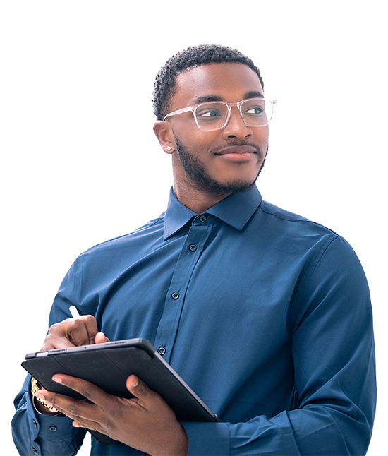 Photo of young African-American female student with headphones in looking at something on laptop computer